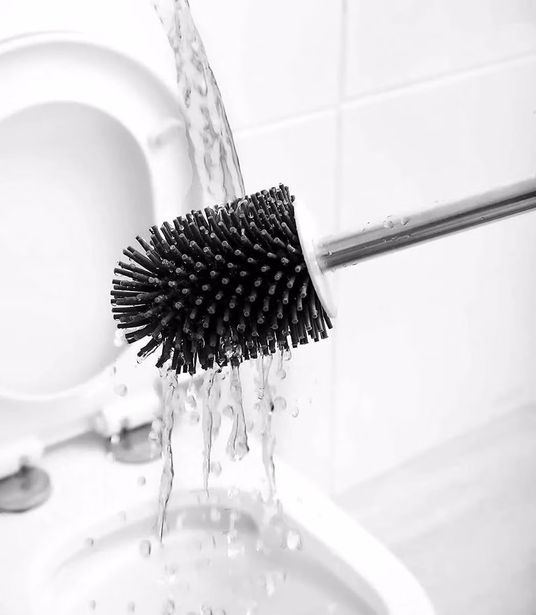 Nicoman Round Toilet Brush and Holder Set with Silicone Head and Diatomite Drying Pad, White and Grey – 3