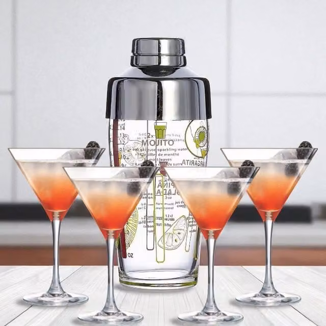 Luminarc 5-Piece Clear Glass Cocktail Shaker Set with 4 Martini Glasses, Shaker Volume: 585 ml, Martini Glass Volume: 300 ml
