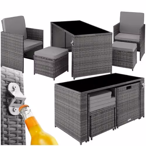TecTake Grey Rattan Garden Furniture Set with 2 Lounge Armchairs, 2 Ottomans and 1 Glass Top Coffee Table