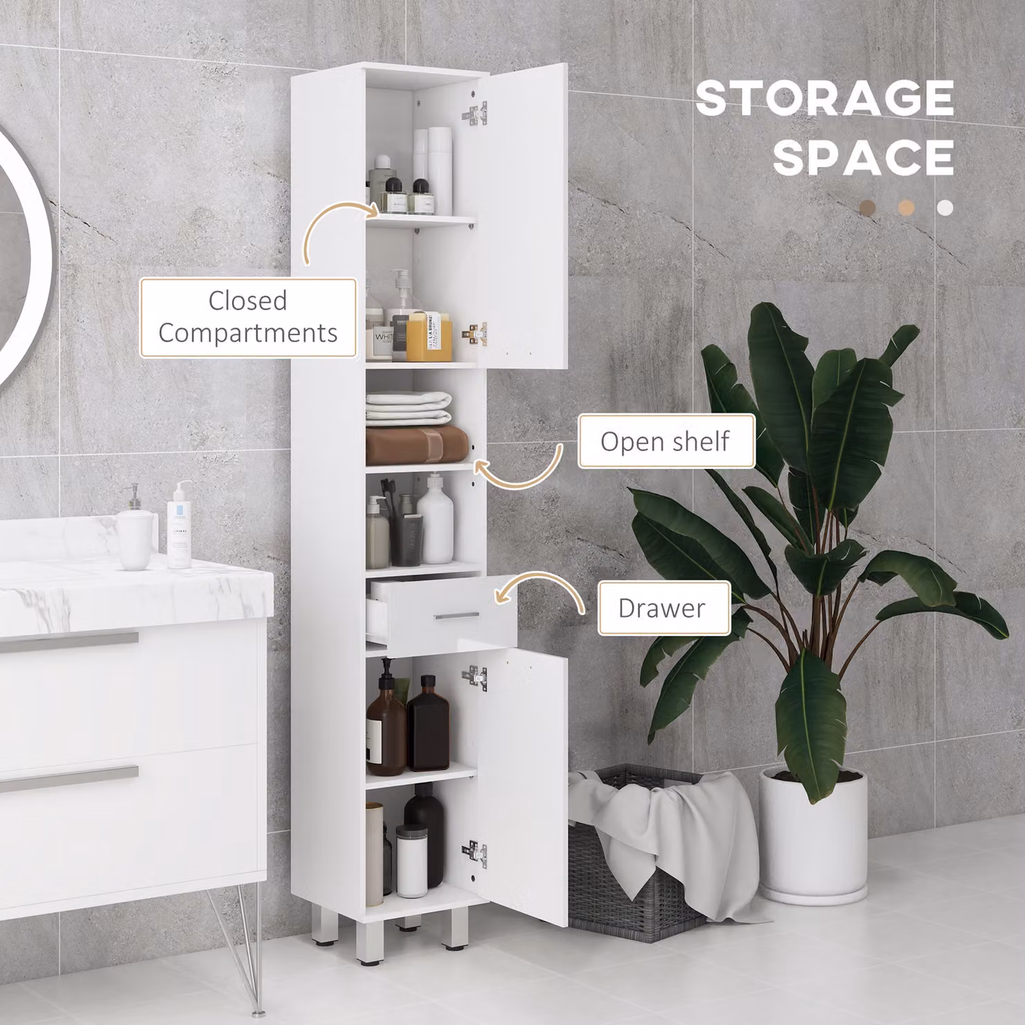 Kleankin Tall Slim Bathroom Storage Cabinet in High Gloss White with Drawer, Open Shelves and Adjustable Internal Shelves, H 180.34 cm x W 30 cm x D 40 cm – 3