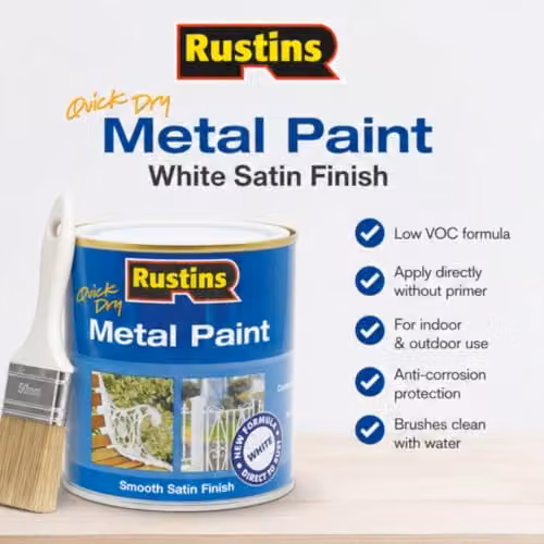 Rustins Quick Drying Water Based Satin Metal Paint, White, 250ml – 4