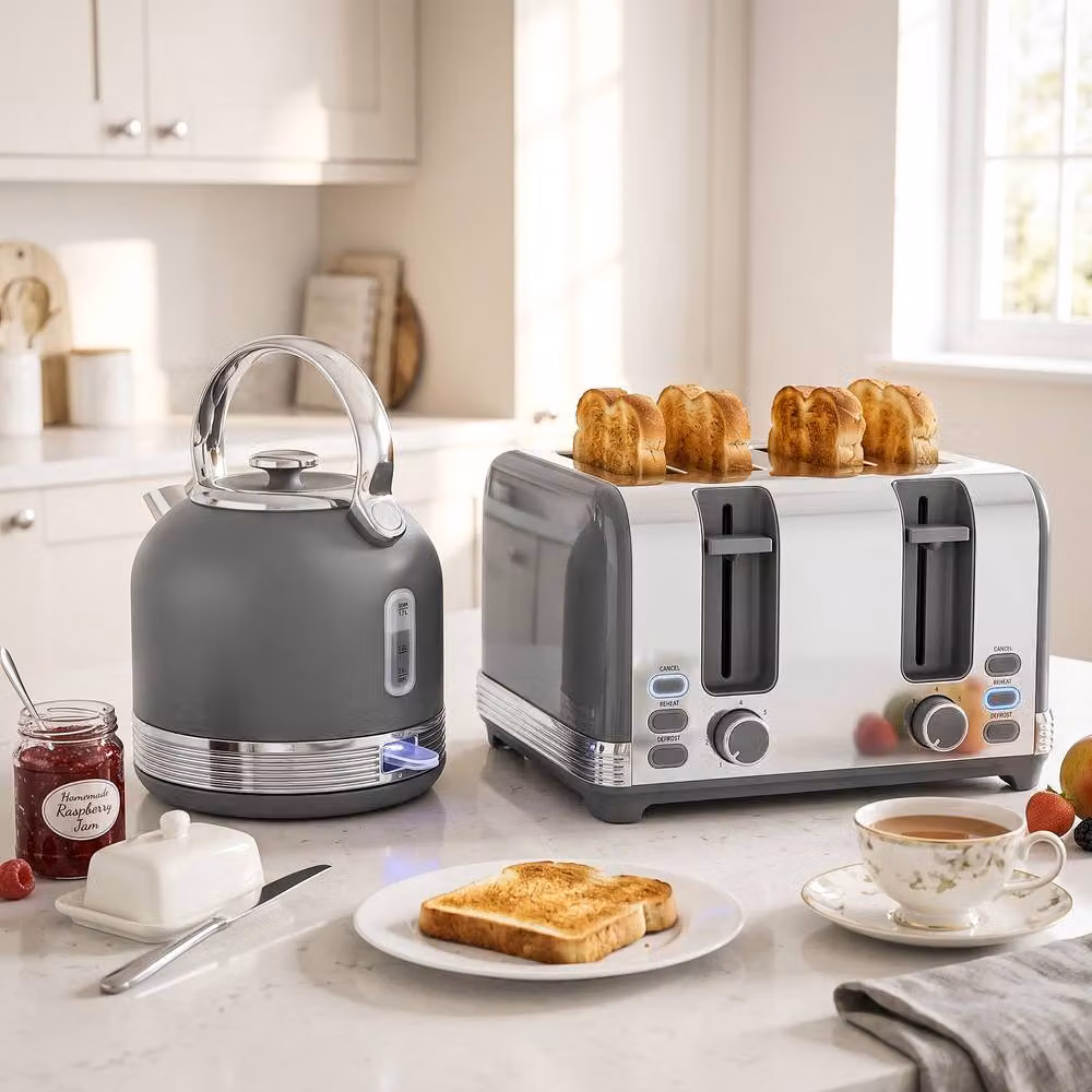 HOMCOM Grey Fast Boil Electric Kettle 1.7l and 4 Slice Toaster Set – 2