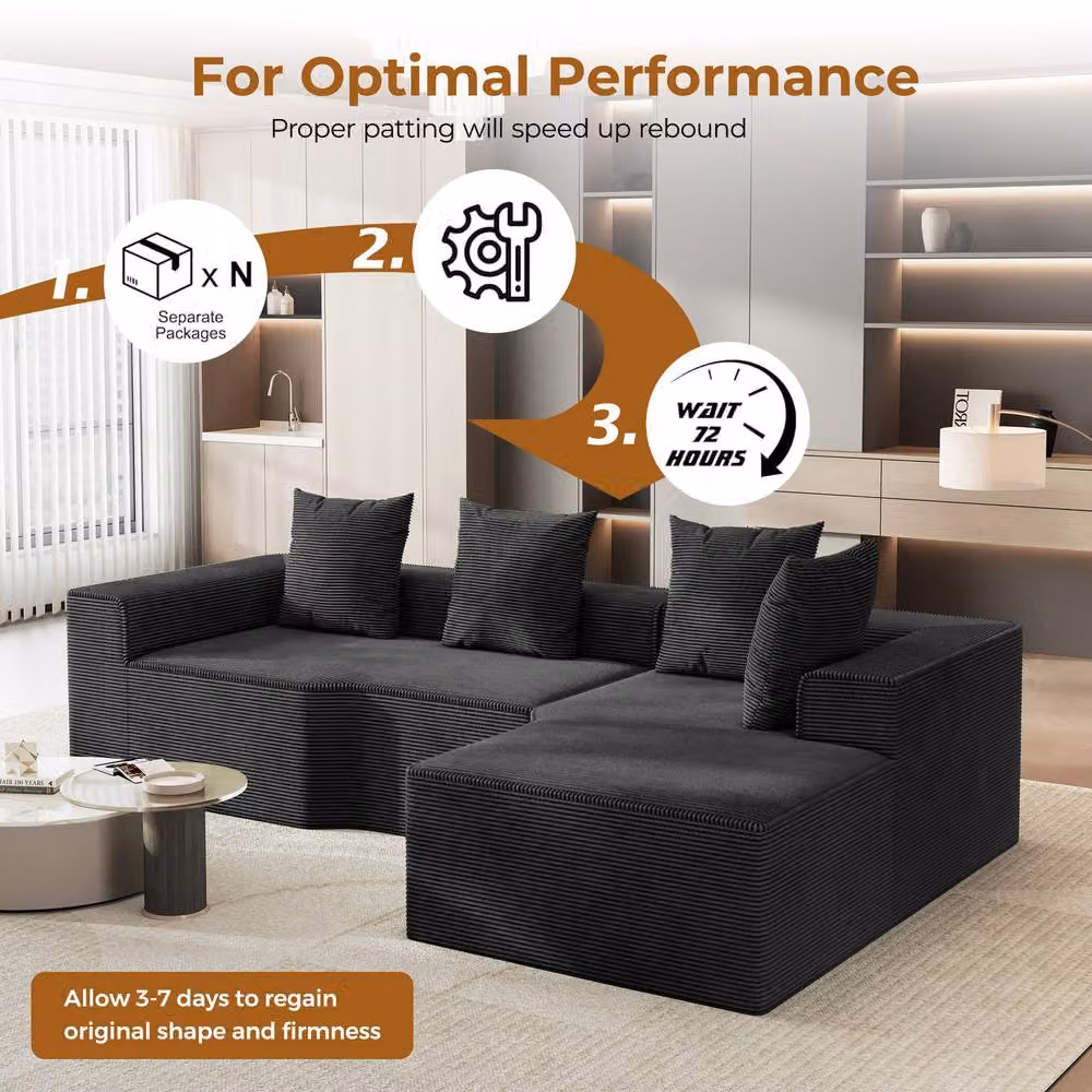Dprodo Black Corduroy Right L-Shaped Modular Sofa, Width: 320 cm – 4