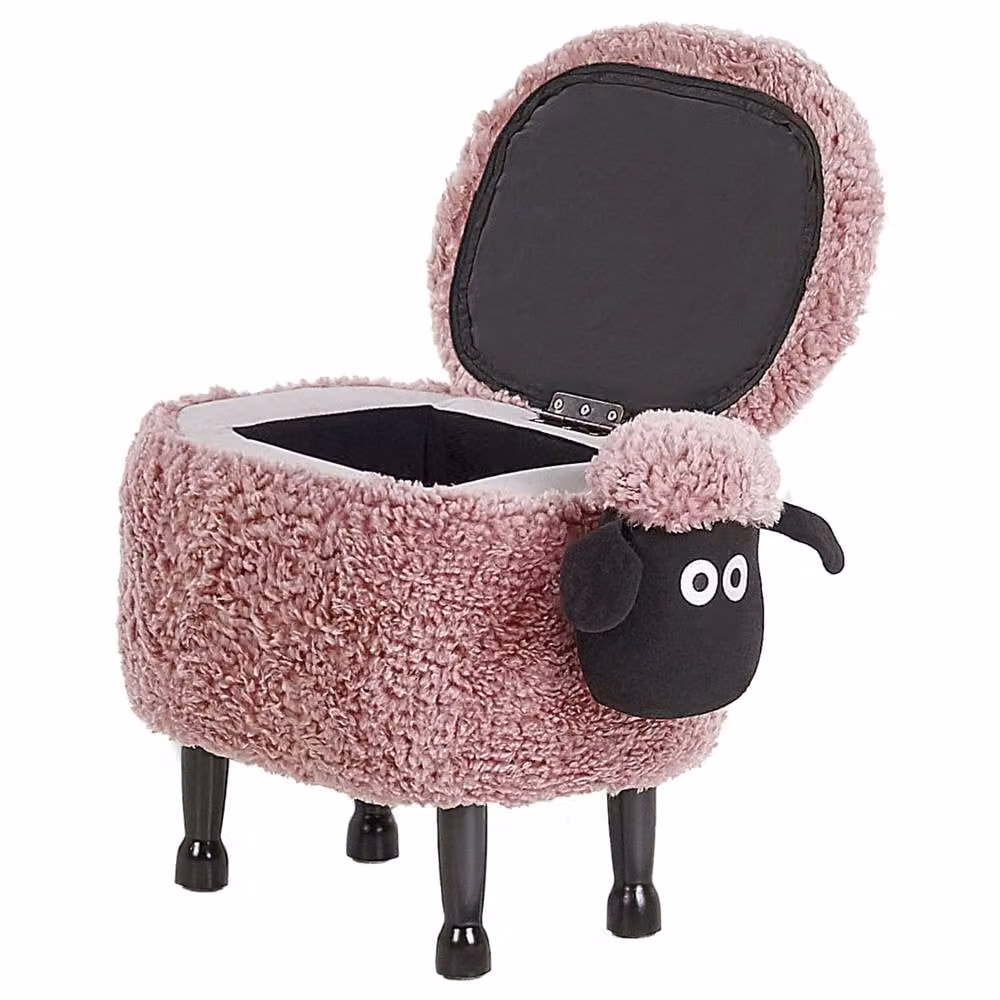 Wyld and Coco Pink Sheep Faux Fur Footstool with Lift Up Storage and Black Rubberwood Legs – 3