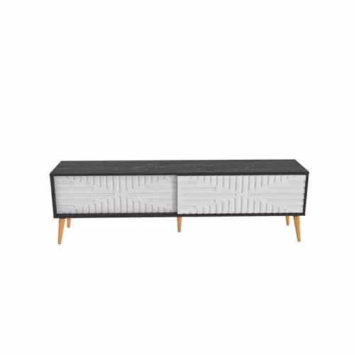 DECOROTIKA Riso Modern TV Stand with Sliding MDF Doors and Solid Wood Legs in Black Marble Effect, W: 180 cm, D: 35 cm, H: 54 cm – 1