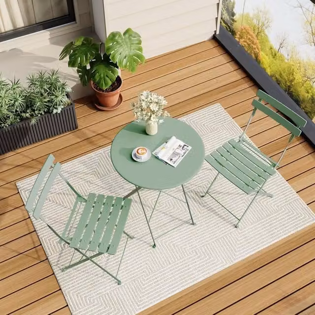 London Boutique 3-Piece Foldable Bistro Set Green Metal Garden Furniture Set with Table and 2 Chairs – 1
