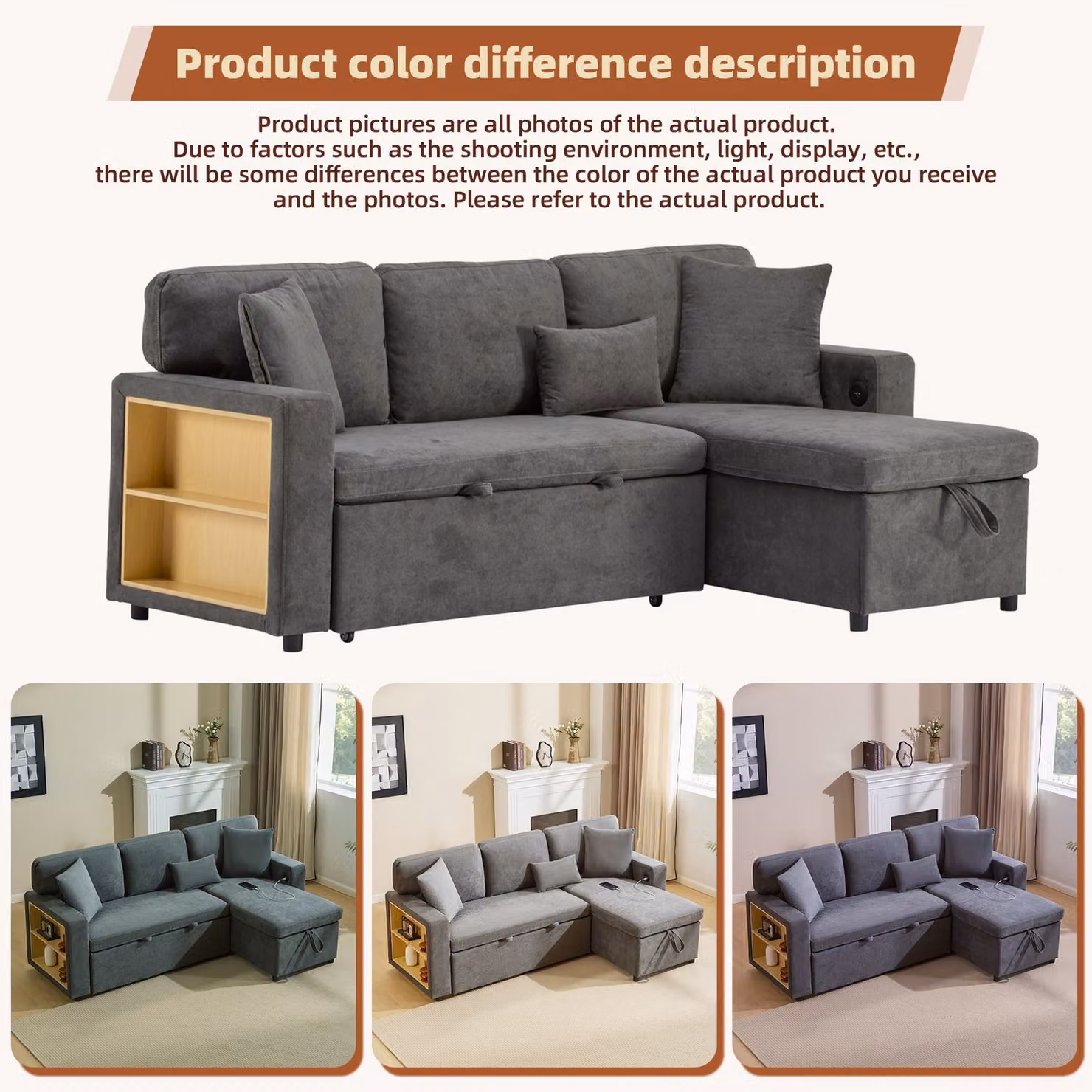 Aosom UK L-Shaped Corner Sofa Bed in Dark Grey Oxford Fabric with Extendable Bed Box, Integrated Shelf and USB Port, W/D/H: 131 x 214 x 87 cm – 6