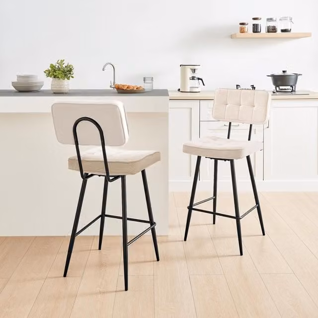 FurnitureboxUK Braxton Set of 2 Cream Boucle Fabric Counter Stools with Black Legs
