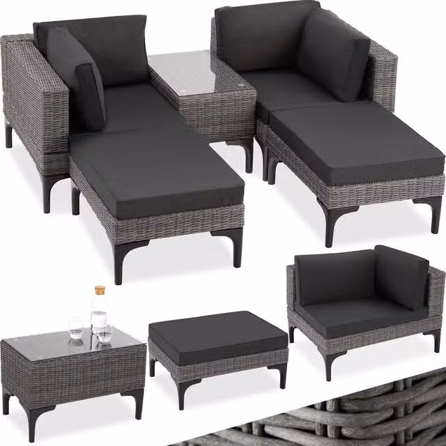 Tectake Bellaria Rattan Lounge Set with 2 Armchairs, 2 Ottomans and 1 Coffee Table in Grey