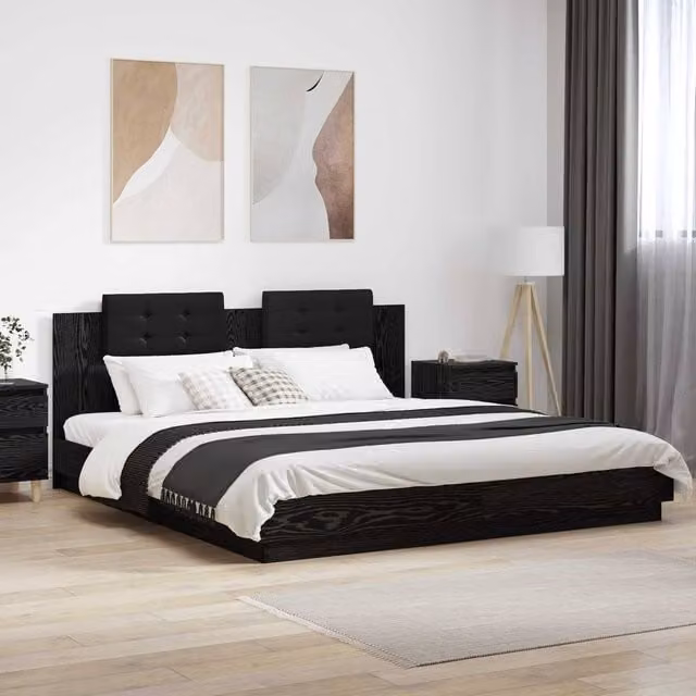 Berkfield Home Modern Black Oak Bed Frame with Headboard and Under-Bed Lighting, W/D/H: 180 x 200 cm, Engineered Wood