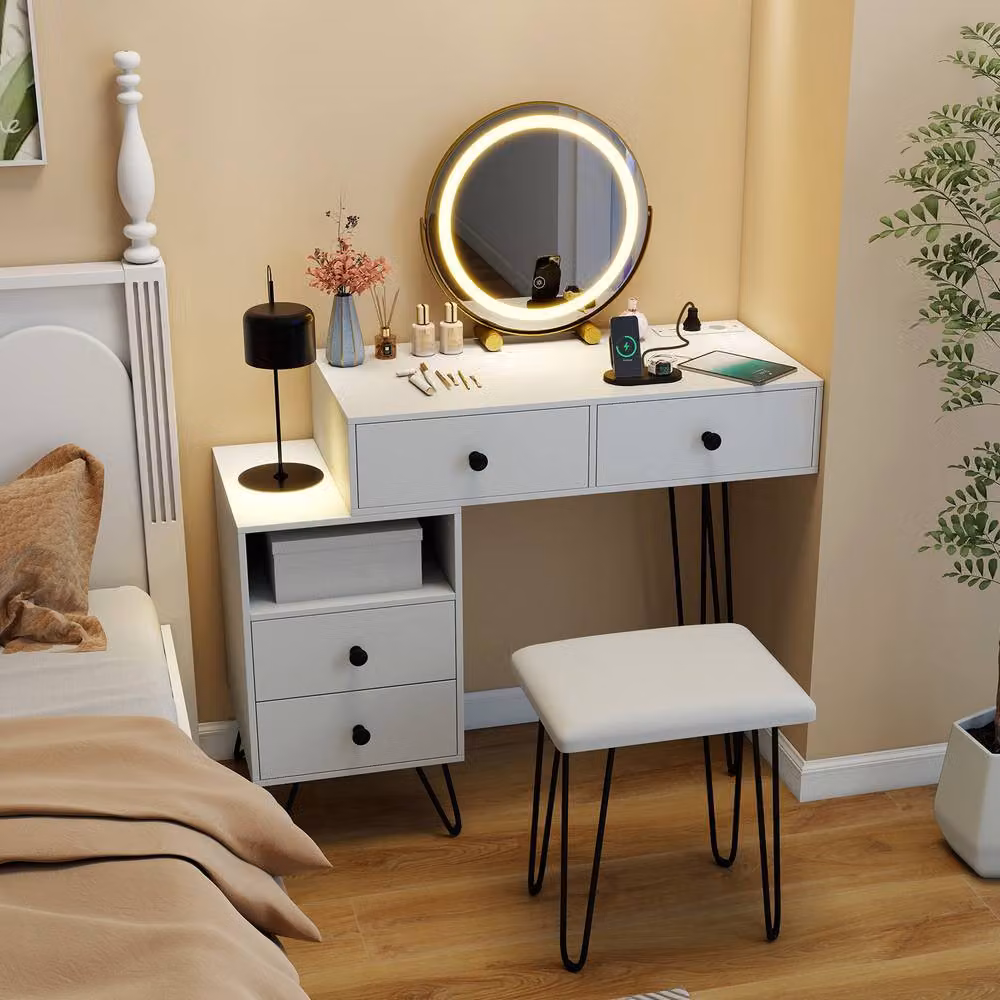 Gymax Dressing Table and Stool Set with Hollywood LED Mirror in White – 3