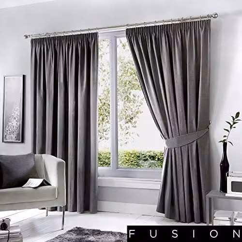 Fusion Rosenthal Grey Blackout Pencil Pleat Curtains, Thermal and Sound Dampening, 2 Panels, W: 117 cm, L: 183 cm – 1