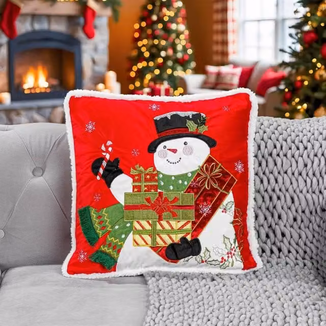 Luxury Living Red and White Embroidered Snowman Christmas Cushion, 45 x 45 cm