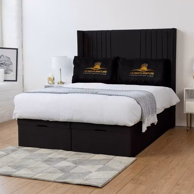 Luxor Living Luxor Wingback Ottoman Divan Bed with 54 Inch Headboard, Black Fabric, W/D/H: 180 x 200 cm