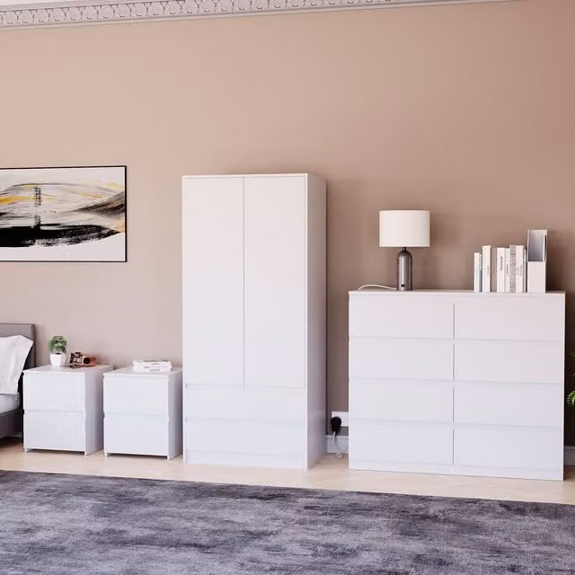 Vida Designs Denver 4 Piece White Bedroom Set Including 2 Bedside Tables, 8 Drawer Chest and Wardrobe – 1
