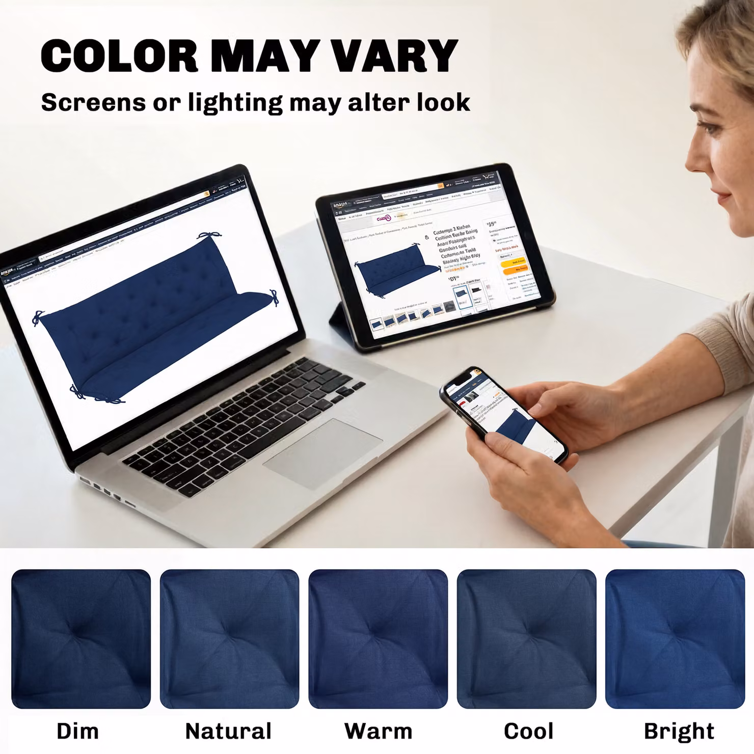 Outsunny 3 Seater Bench Cushion with Back and Ties, Dark Blue, W: 150 cm x D: 98 cm – 6