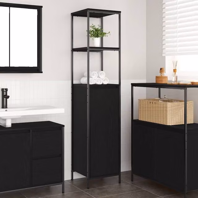 Berkfield Home Modern Black Oak Bathroom Cabinet with Shelves and Hinged Doors, W/D/H: 36 x 35 x 165 cm – 1