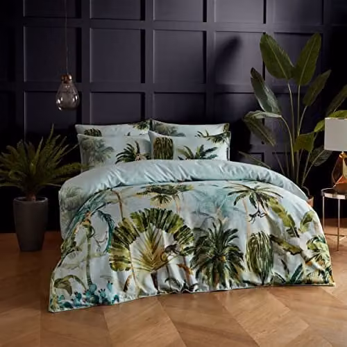 Paoletti Forsteriana Palms Reversible Watercolour Tropical Jungle Floral Duvet Cover Set, Multicolour Blue and Green, W: 180 cm x L: 200 cm – 1