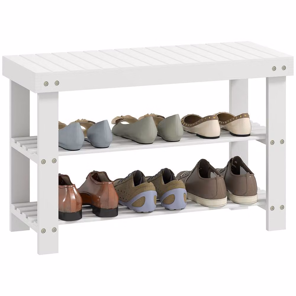 HOMCOM 3-Tier Bamboo Shoe Bench and Storage Rack, White – 2