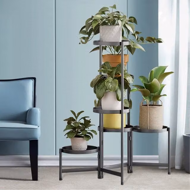 Livingandhome 5 Tier Black Metal and Plastic Plant Display Stand for Indoor and Garden Use