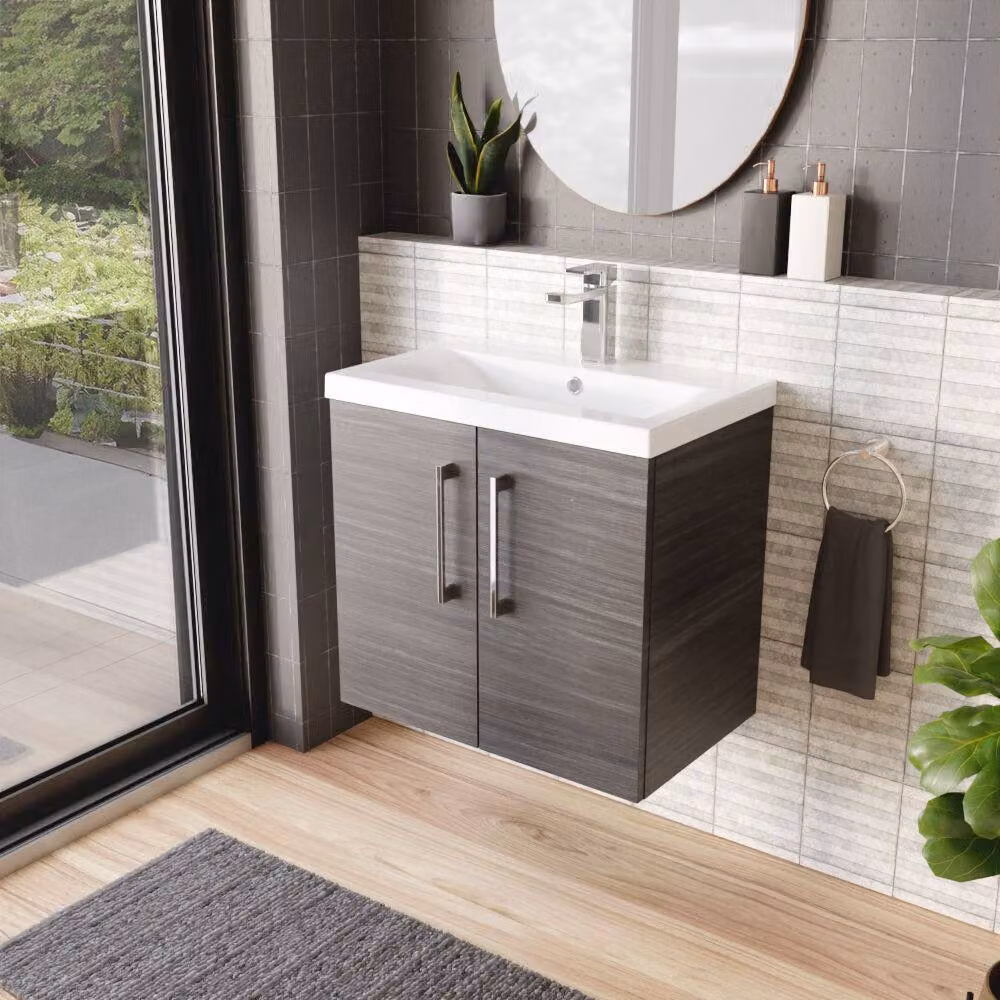 Balterley Contemporary Wall Hung Bathroom Vanity Unit with Mid-Edge Ceramic Basin, Anthracite Woodgrain Grey, W: 60 cm, D: 39 cm, H: 57.9 cm – 4