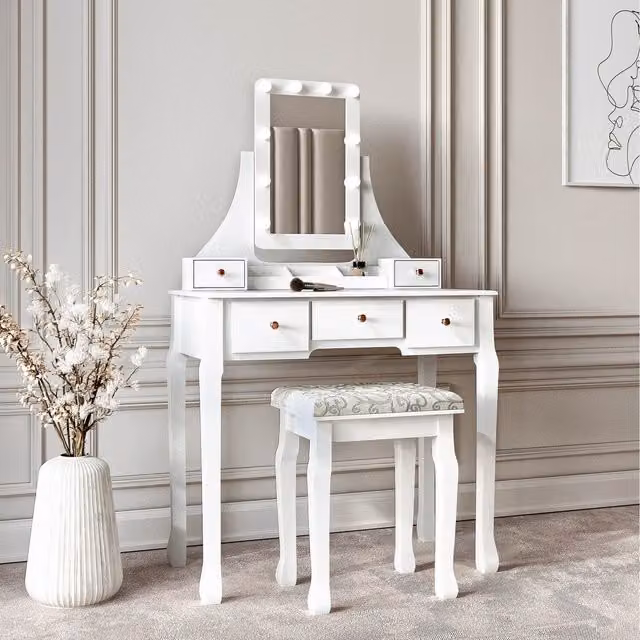Carme Home Arianna Deluxe Dressing Table with Hollywood LED Mirror in White