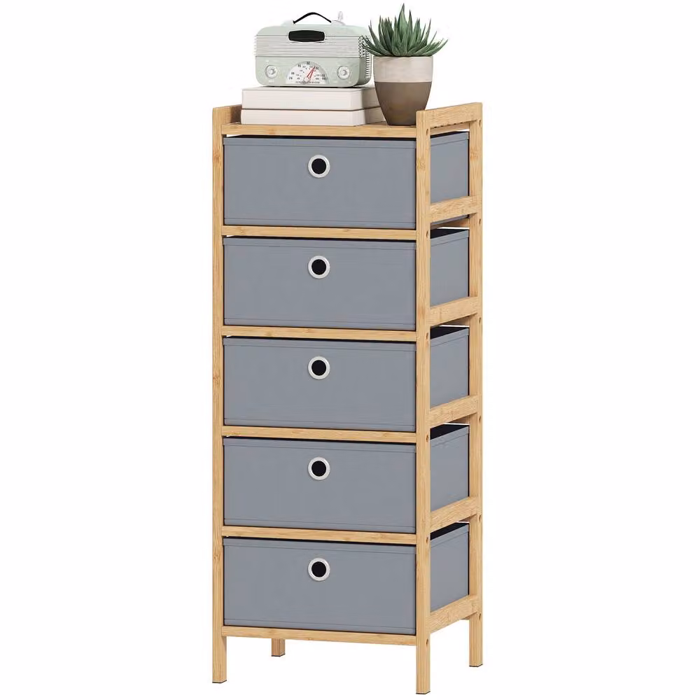 STILVORA Grey Chest of Drawers with 5 Fabric Drawers and Bamboo Frame – 3