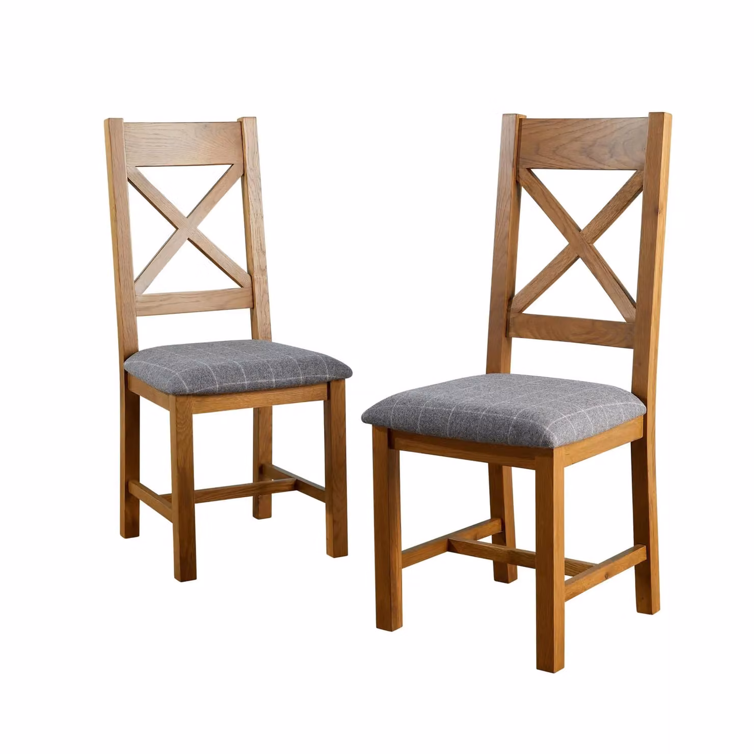 Home Source High Cross Backed Dining Chair with Grey Checked Fabric Seat and Solid Oak Legs – 2