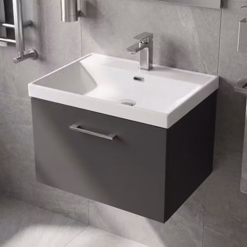 Balterley Pershall Contemporary Wall Hung 1 Drawer Vanity Unit with Thin Edge Ceramic Basin, Dark Grey, Width: 60 cm – 4