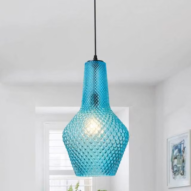 Garwarm 1 - Light Single Geometric Blue Glass Pendant Light with Adjustable Height and Dimmable Functionality