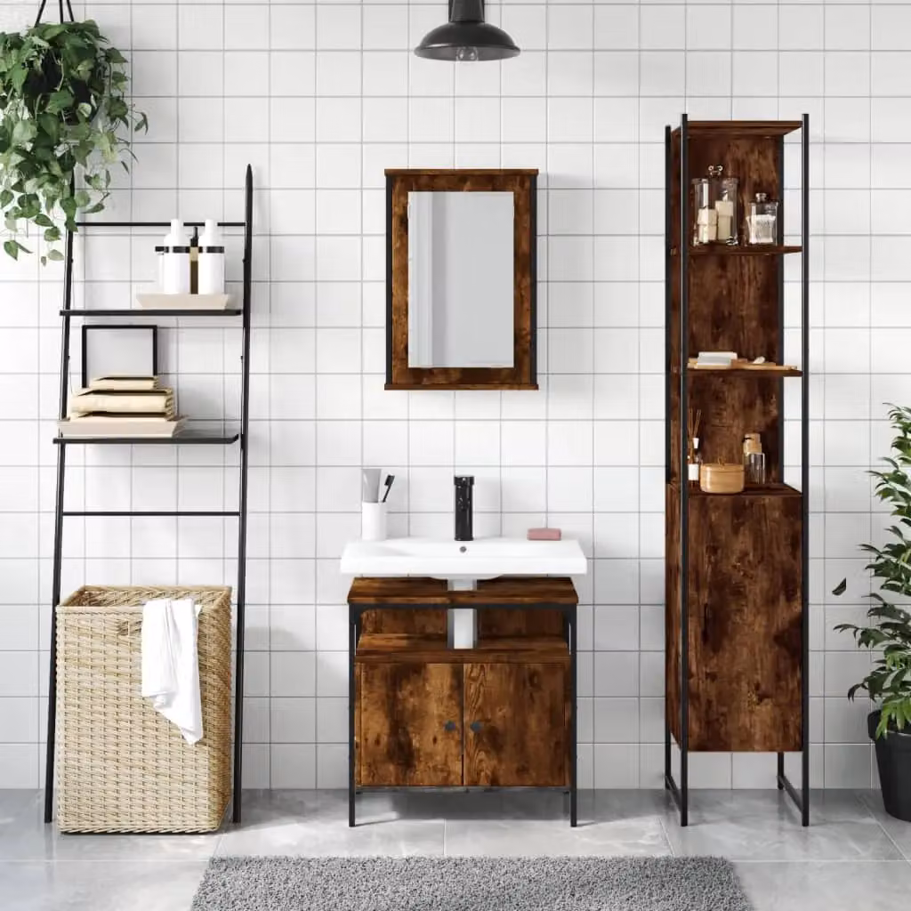 Berkfield Home 3 Piece Industrial Bathroom Furniture Set in Smoked Oak Brown – 3