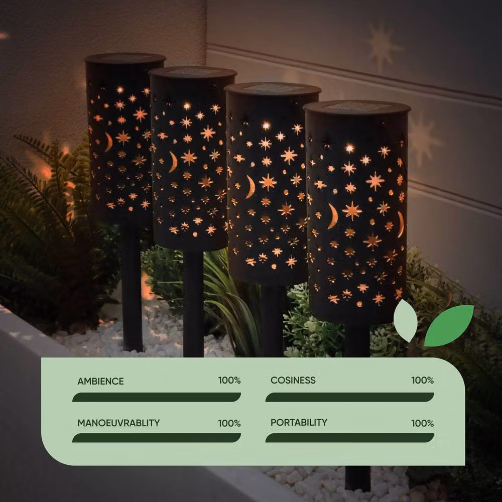 Gardenwize Pack of 4 Solar LED Night Sky Stake Lights in Black with Warm White Illumination – 4