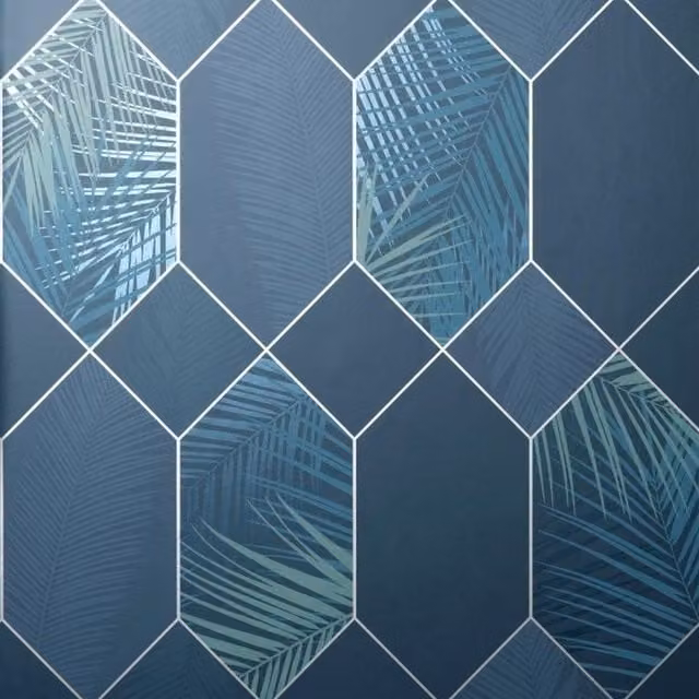 Fine Décor Miami Geometric Leaf Wallpaper in Blue