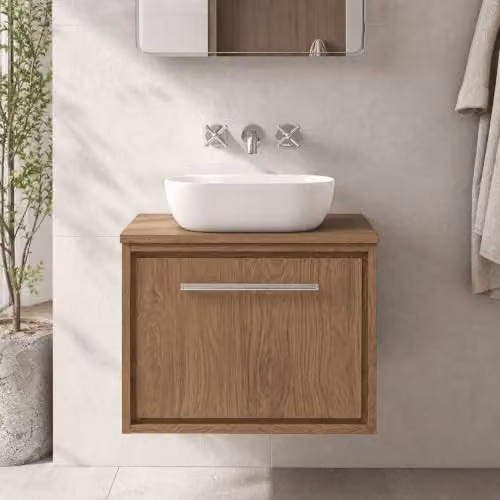 Balterley Wall Hung Single Drawer Bathroom Vanity Unit with Antique Oak Worktop and Bar Handle, Brown, W: 60.5 cm, D: 46 cm, H: 44.9 cm – 2