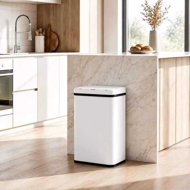 STILVORA 40L Sensor Bin with Soft-Close Lid and Fingerprint-Proof Stainless Steel Finish in White, H 75.0 cm x W 35.5 cm x D 1.0 cm