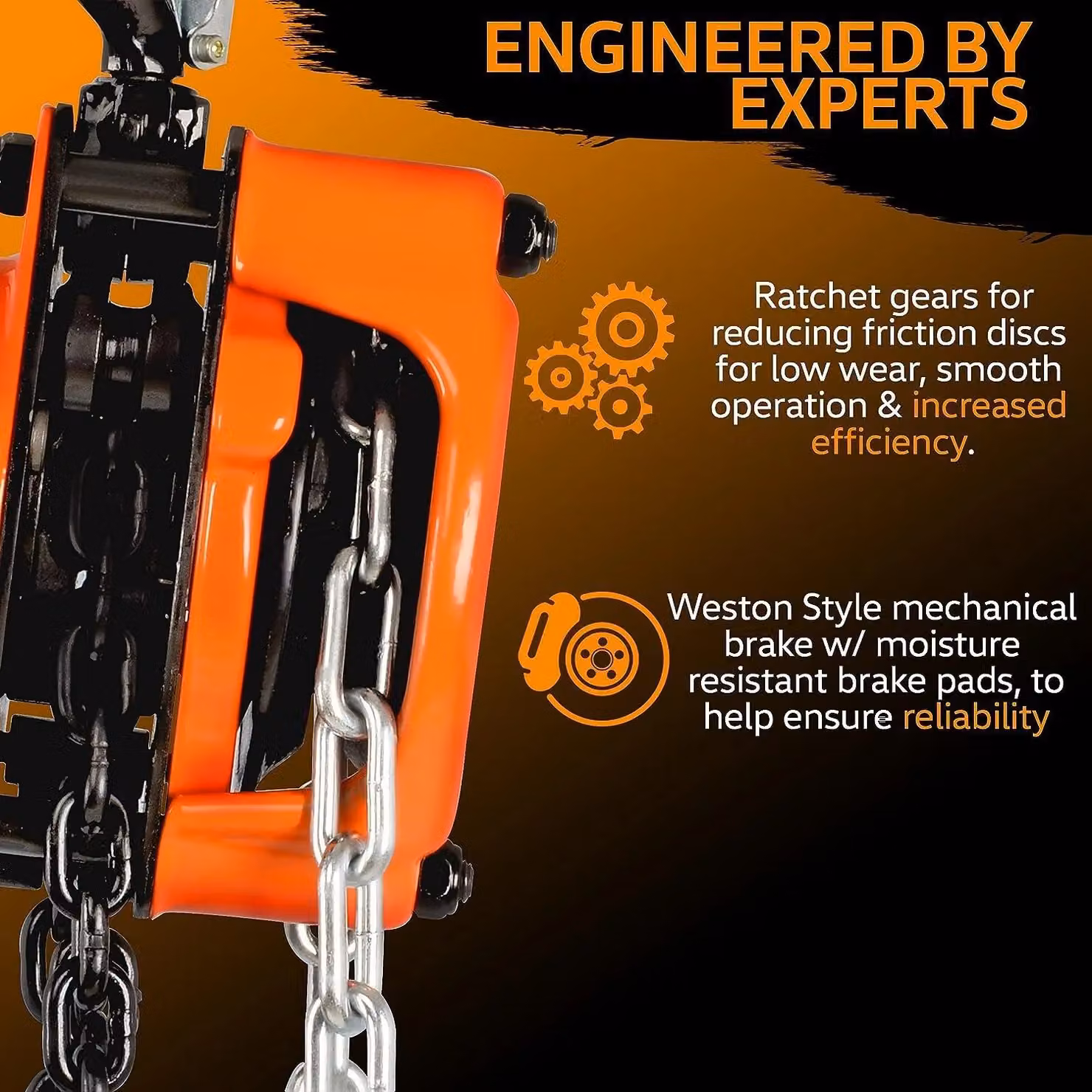 Superhandy Manual Heavy Duty Steel Chain Block Hoist in Orange and Black with 1 Ton 2200lbs Capacity and 3.048 m Lift – 4