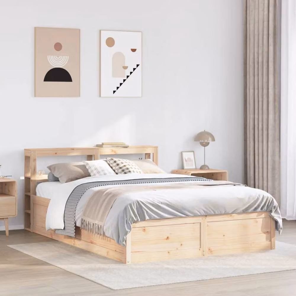 Berkfield Home Rustic Solid Wood Pine Bed Frame with Headboard and Side Compartments, Beige, W: 140 cm, L: 200 cm – 2