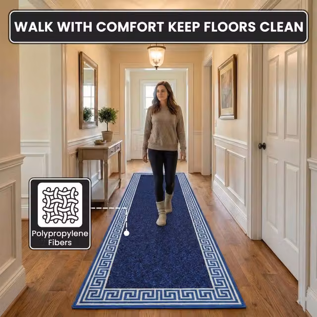 Smart Living Greekey Heavy Duty Non Slip Hallway and Kitchen Door Mat, Blue, W: 80 cm, D: 50 cm – 1
