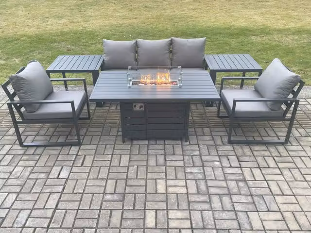 Fimous 5 Seater Aluminium Outdoor Garden Furniture Set with Gas Fire Pit Dining Table and 2 Side Tables in Dark Grey