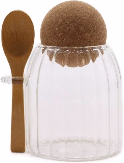 KDMD Ribbed Glass Cottage Jar with Bamboo Lid and Spoon in Clear