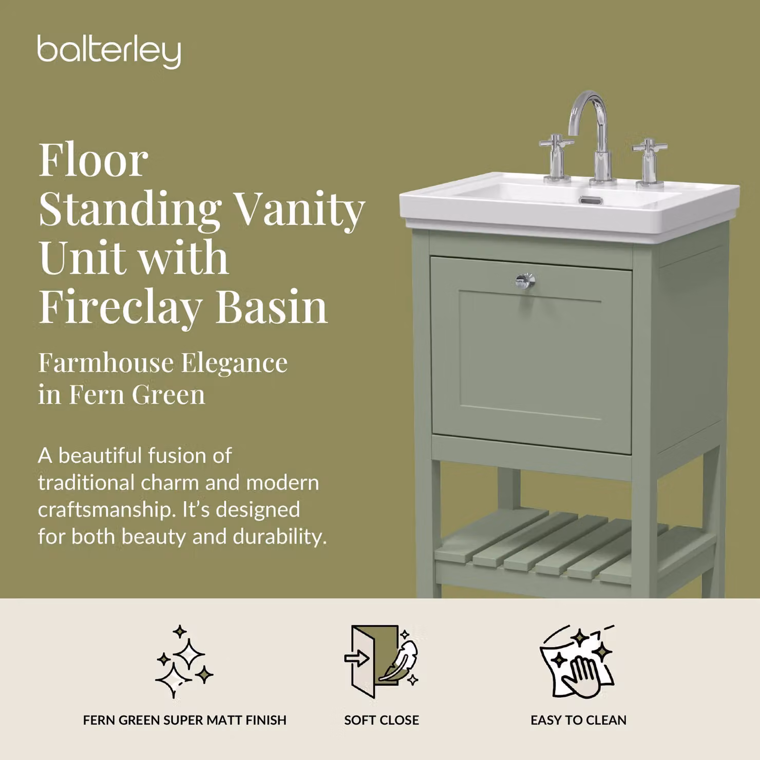 Balterley Bathroom 1 Soft Close Drawer Floor Vanity Unit with Basin, Green, W: 53.1 cm – 2