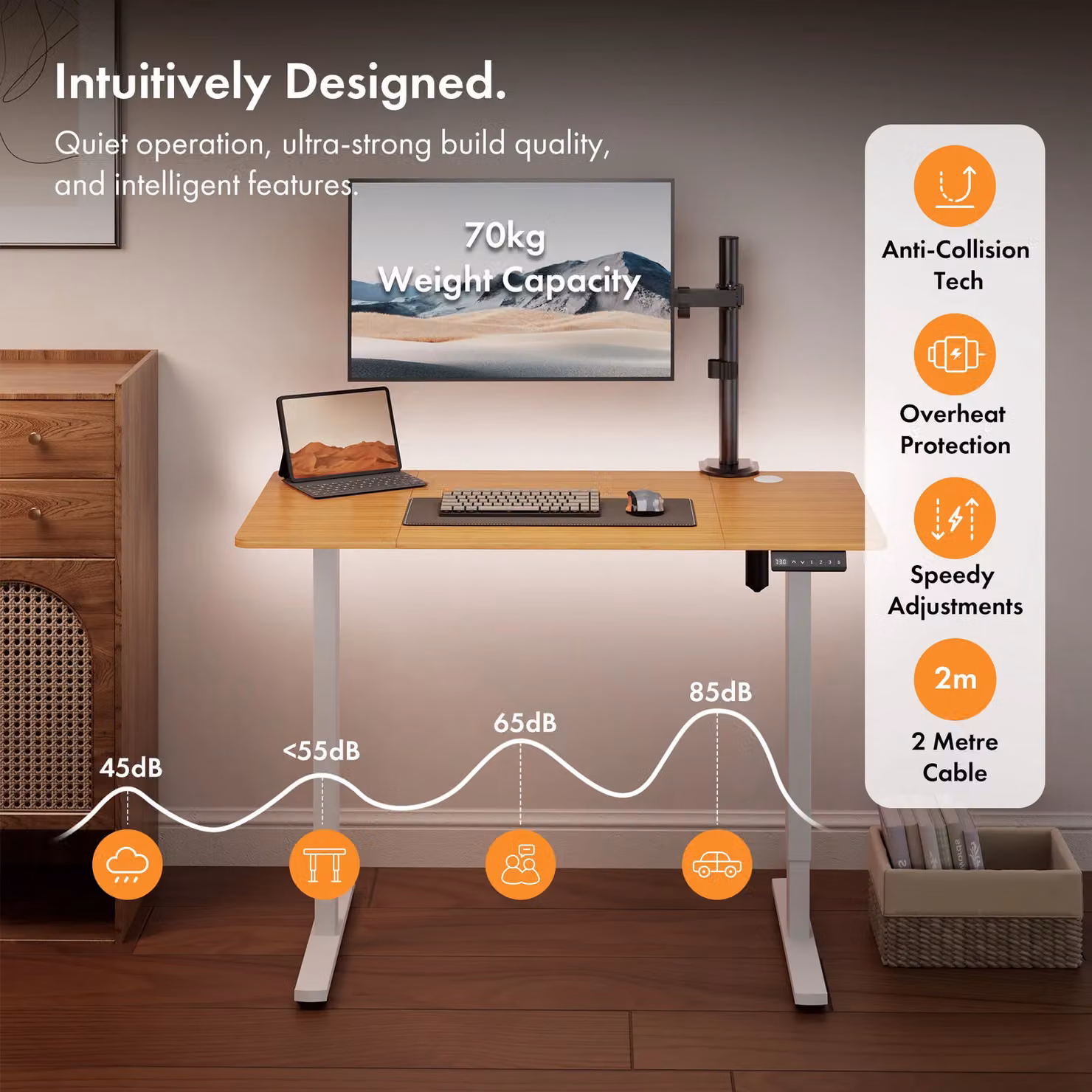 VonHaus Electric Height Adjustable Standing Desk with USB-C Charging in Light Brown – 4