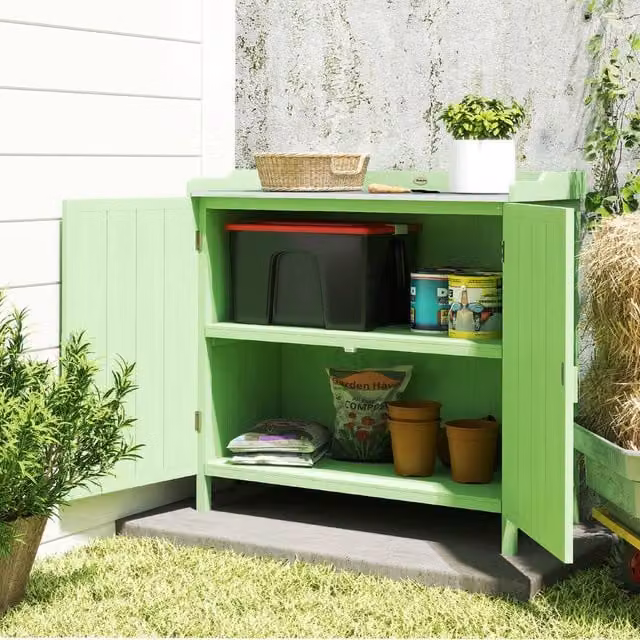 OUTSUNNY Garden Storage Cabinet Potting Bench Table with Galvanised Steel Top in Light Green – 1