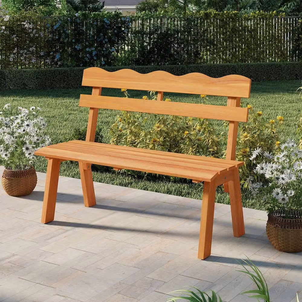 Costway 2-Person Outdoor Acacia Wood Garden Bench with Backrest and Armrests in Brown – 3