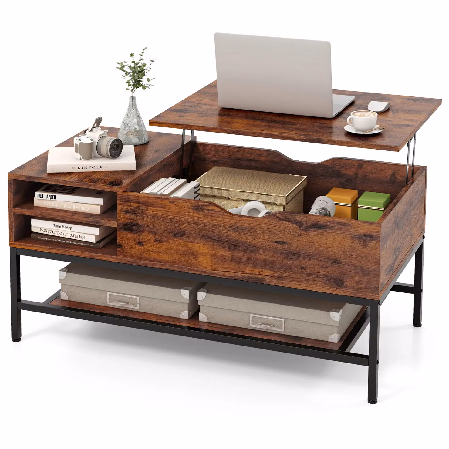 Costway Industrial Lift Top Coffee Table with Removable Shelf in Brown – 2