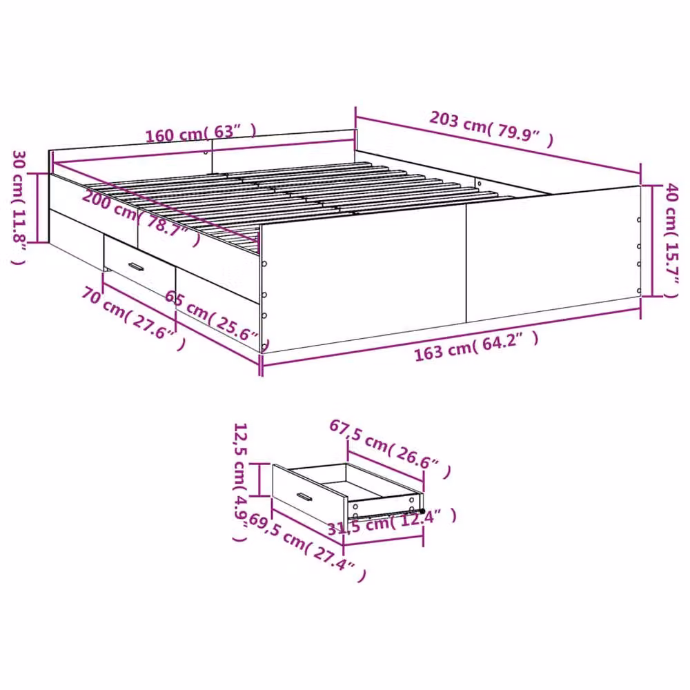 Berkfield Home Modern Bed Frame with Drawers, Grey Sonoma, W: 160 cm, D: 200 cm, H: 40 cm – 2