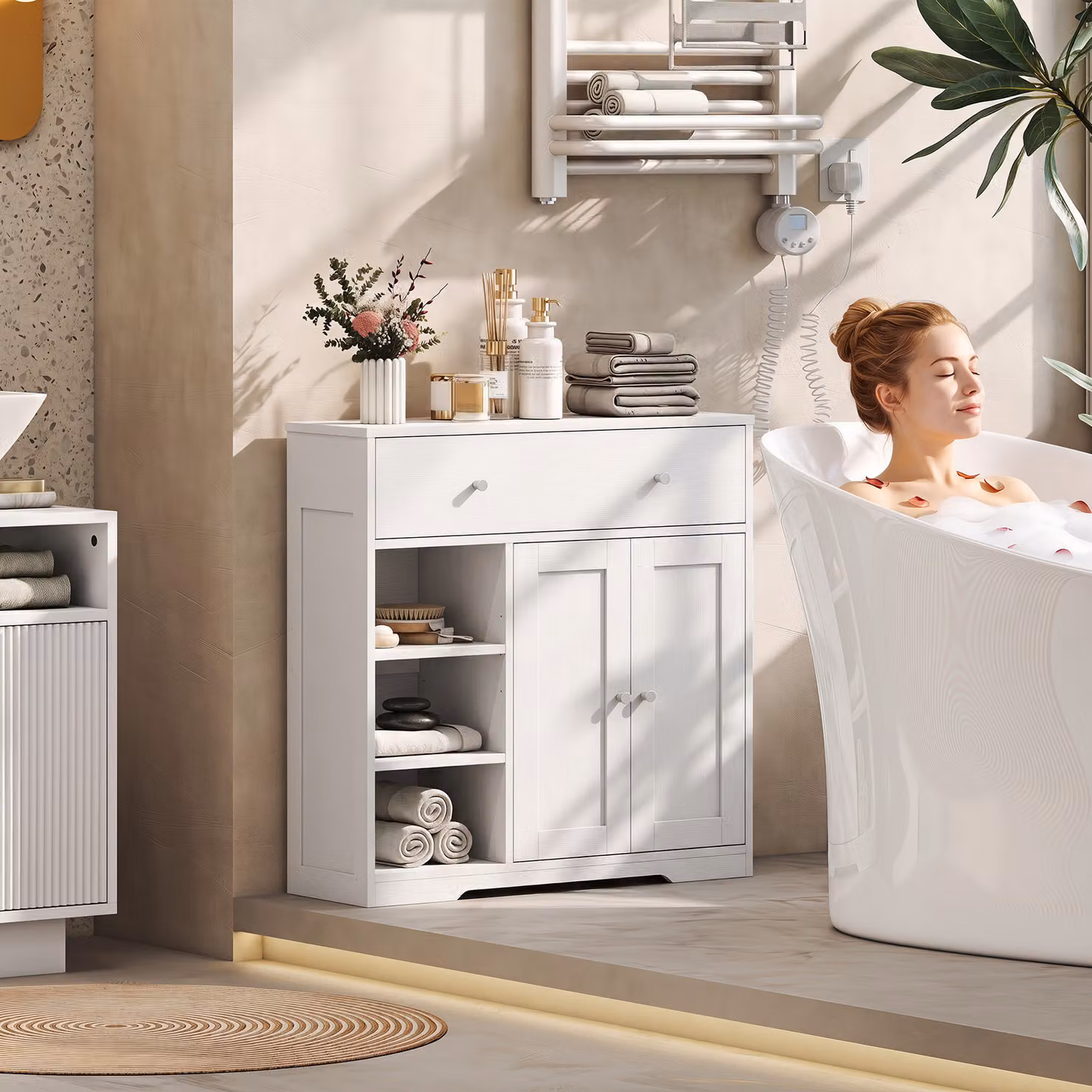 HOMCOM White Freestanding Bathroom Floor Cabinet with Drawer, Hinged Doors and Open Shelves – 2