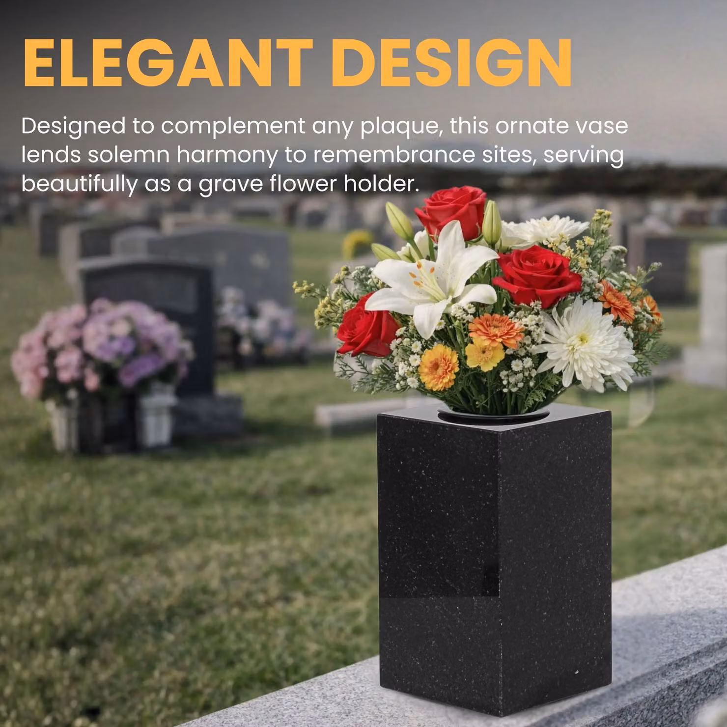 Novecrafto Classic Square Granite Memorial Vase in Black and Grey for Cemetery or Garden – 5
