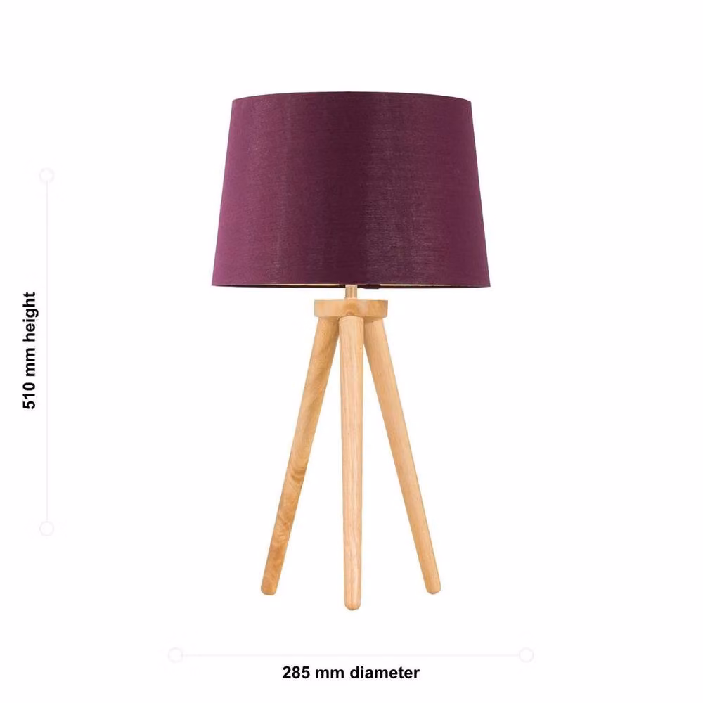 EONLION Wood Tripod Table Lamp with Burgundy Fabric Cylinder Shade and Gold Accents, H: 51.0 cm, W: 28.5 cm, D: 28.5 cm – 2