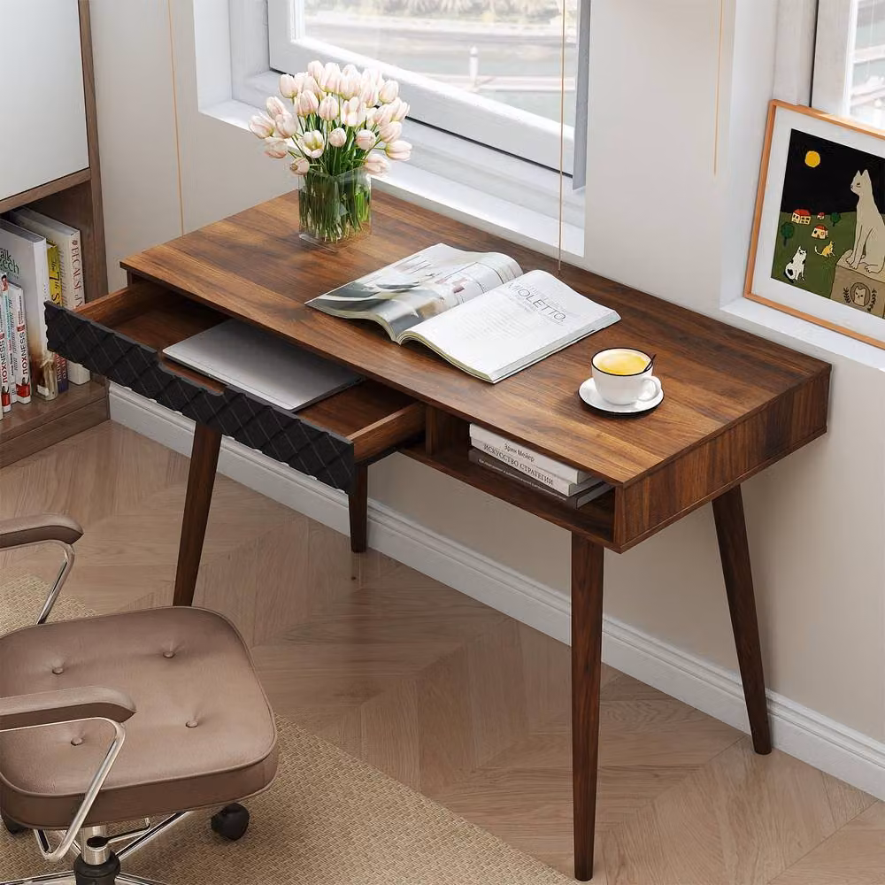 Gymax Mid-Century Writing Desk in Brown with Rubberwood and Metal Construction – 7